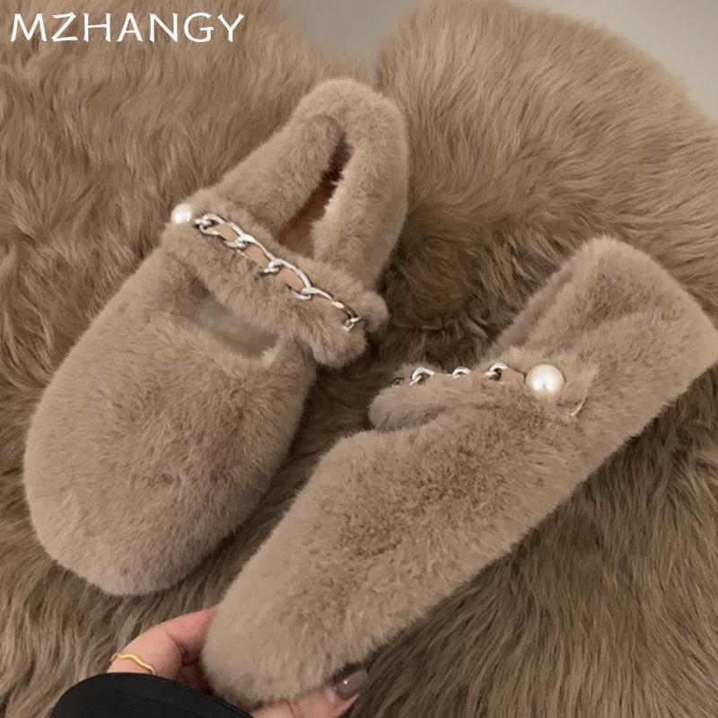 Fashion Fur Chain Women Flats Shoes Autumn New Designer Casual Shoes Women 2024 Trend Home Cotton Shoes Cozy Walking Dress Mujer Zapatos
