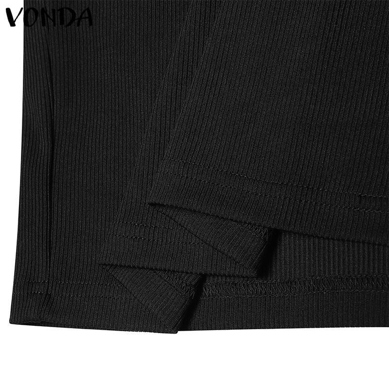 VONDA Women U-Neck Long Sleeve Solid Color Rib Tight Bodycon Dresses