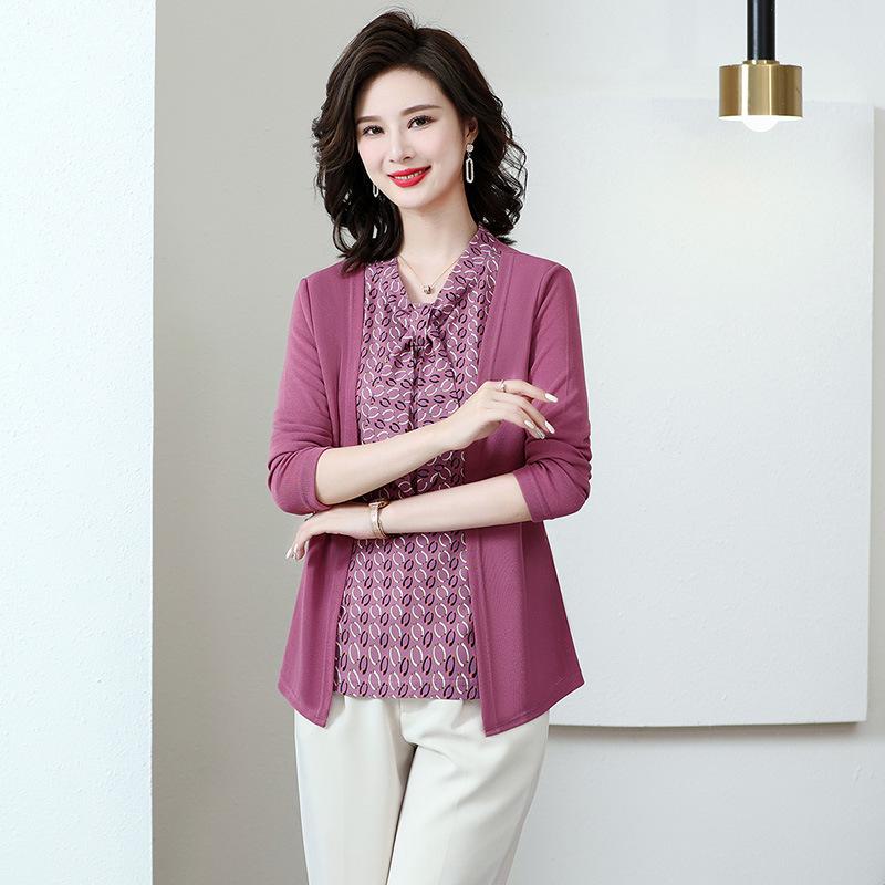 2026 Spring Floral Print Knit Top for Stylish Middle-Aged Women - Faux Two-Piece Design
