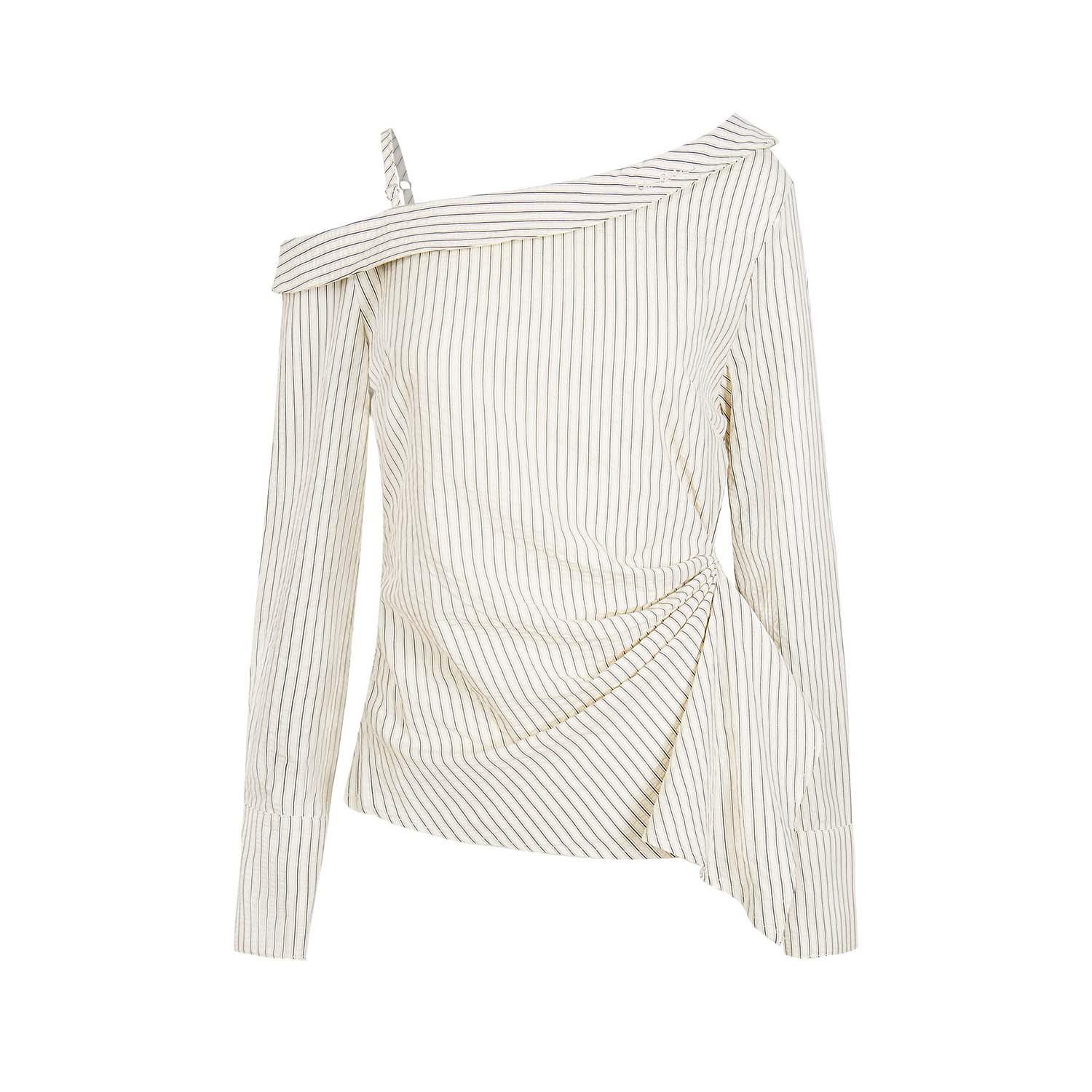 

UNBDNS Women s One-Shoulder Striped Tie-Up Shirt: Slimming, Versatile Long Sleeve Top for Autumn Medium