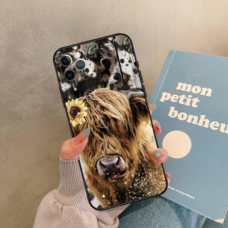 Western Highland Cow Sunflower Cute Case For iPhone 17 Air 13 16 15 11 12 14 Pro Max 13 mini XR 15 16 Plus 16e Back Cover Shell