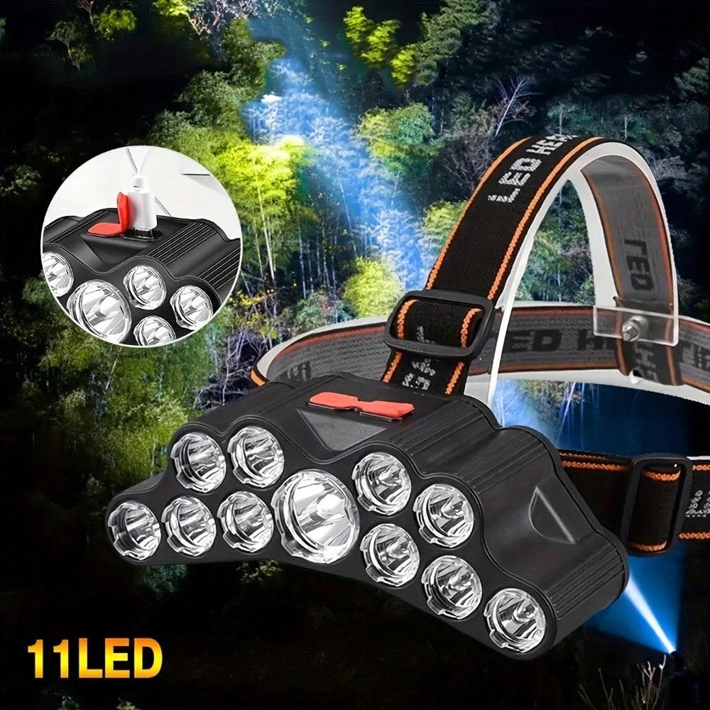 11 LED Headlamp, USB Rechargeable, Portable Head Flashlight, Ideal for Hiking, Camping, Fishing, Climbing and Outdoor Activities