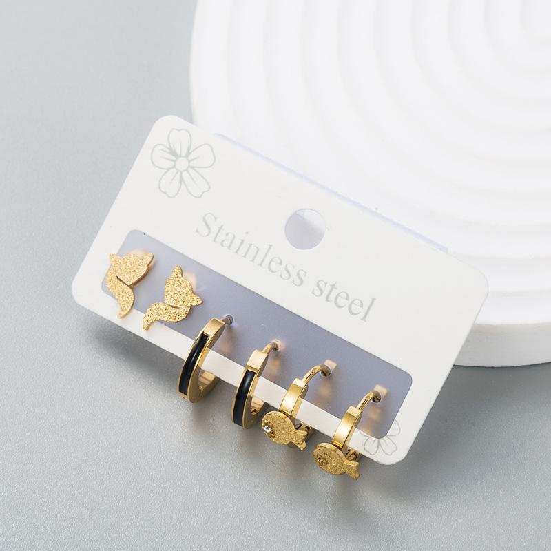 Women Simple Hoop Earrings Six-piece Set Stainless Titanium Steel Zircon Gold Color Fish Geometric Ear Ornaments