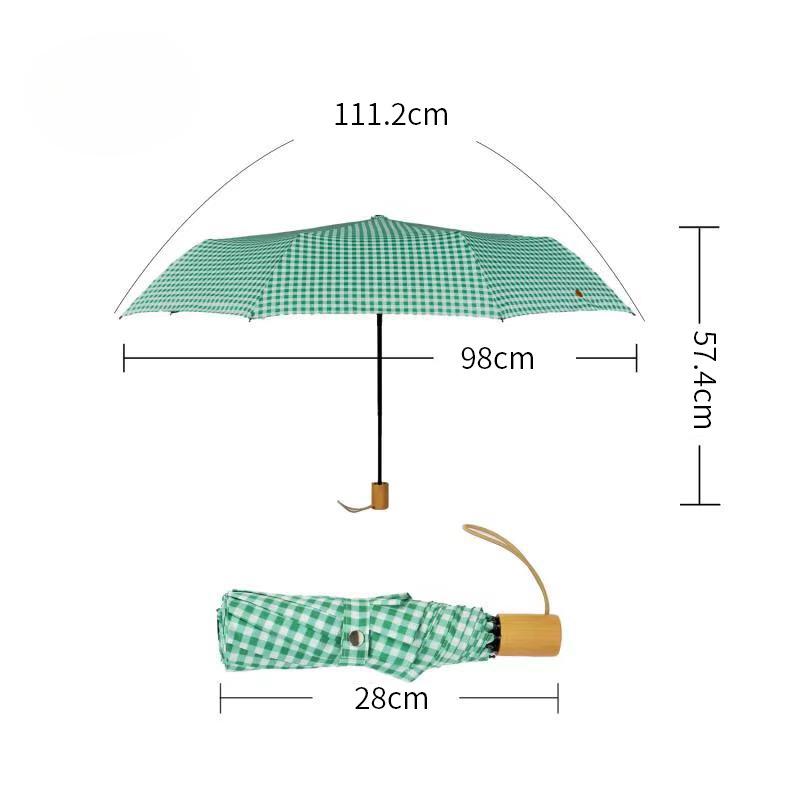 Japanese Plaid Three-Fold Umbrella Wooden Handle Parasol Manual Folding Fresh Portable Umbrella