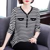 Fashion Simplicity Versatile Commute Button Montage Stripev Neck Large Size Loose Black White Ladies' Base Shirt Autumn 2024