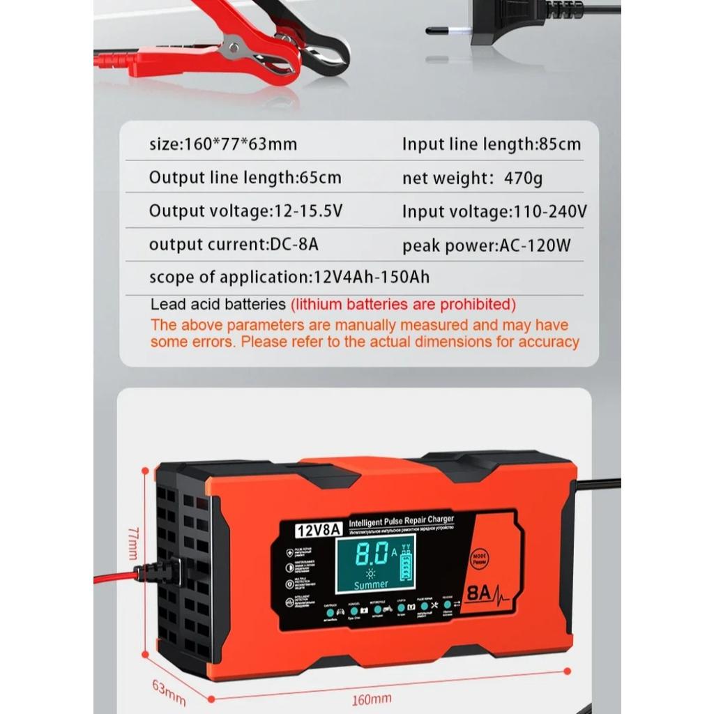 Smart 12V 8A Car Battery Charger Pulse Repair Quick Charge for Auto Moto AGM GEL WET Lead Acid LiFePO4 Battery Charging