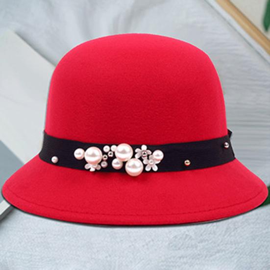 Top Hat British Style Faux Pearl Decor Down Brim Sunshading Round Top Decorate Retro Vintage Women Cloche Hat for Church