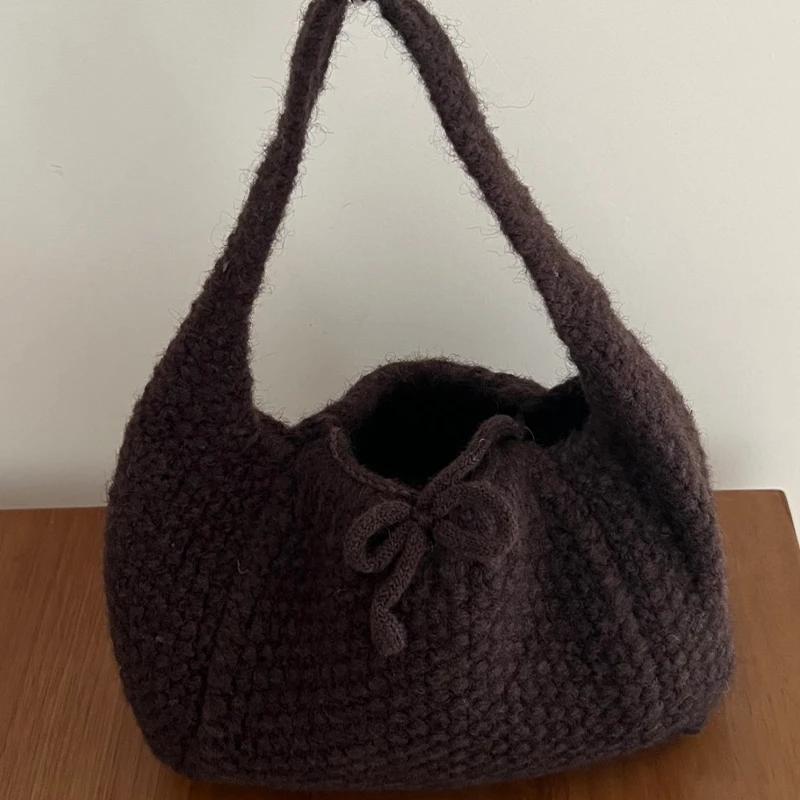 Knitted Tote Bag For Women Soft Shoulder Bag Daily Commuter Versatile All Match Handbag Double Sided Bow Underarm Purse