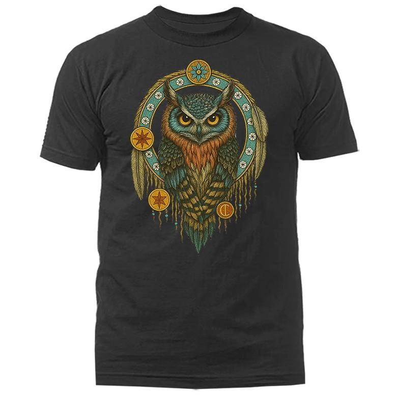 Native American-Inspired Owl Dreamcatcher Feather Animal T-shirt S