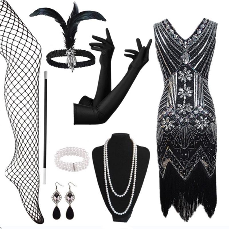 Hot Sale Vintage Sequins Tassel Dress Prom Evening Dress Accessories Set