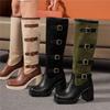 Fashion Women Boots Autumn Winter Long Tube Knight Booties Buckle Punk Gothic Classic Black ArmyGreen Platform High Heel Shoes Knee-High