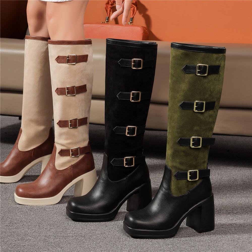 Fashion Women Boots Autumn Winter Long Tube Knight Booties Buckle Punk Gothic Classic Black ArmyGreen Platform High Heel Shoes Knee-High