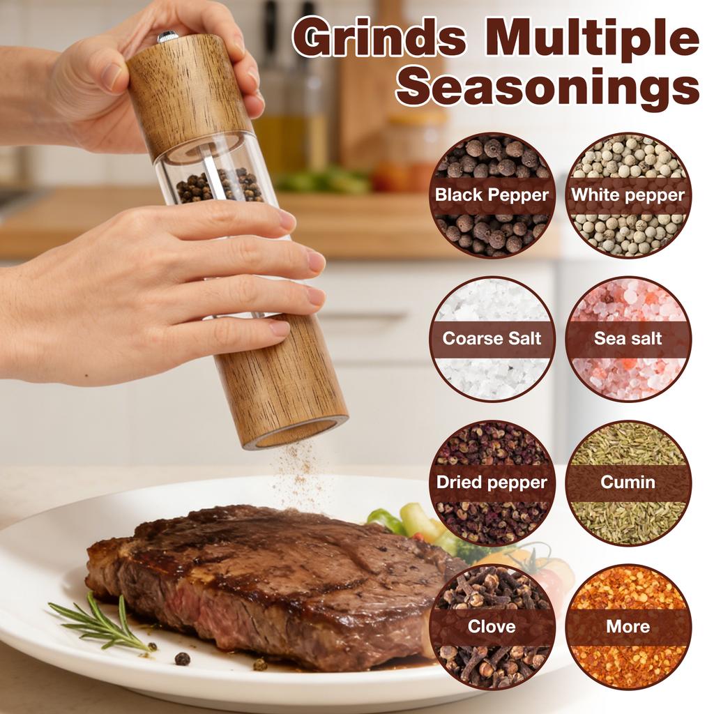Wooden Salt and Pepper Grinder Set Multiple Manual Spice Grinder Adjustable Coarseness Kitchen Refillable Salt and Pepper Mills