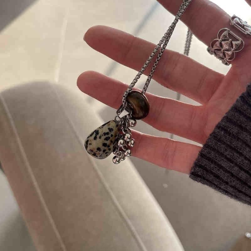 Spotted Tiger Eye Stone Irregular Pendant Metal Long Chain Necklace For Women Girls Charm Aesthetic Jewelry Accessories