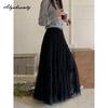 Spring Summer Women Fairy Long Skirt High Waist Gray Apricot Black Yellow Mesh Skirt Romantic Ruffles Tierred Skirts Womens