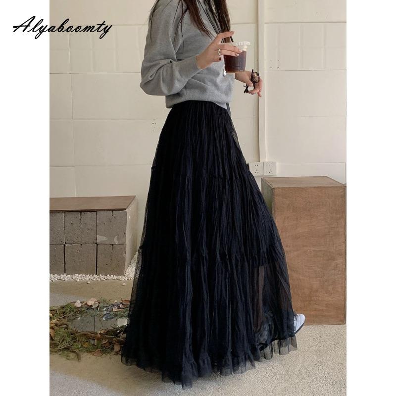 Spring Summer Women Fairy Long Skirt High Waist Gray Apricot Black Yellow Mesh Skirt Romantic Ruffles Tierred Skirts Womens