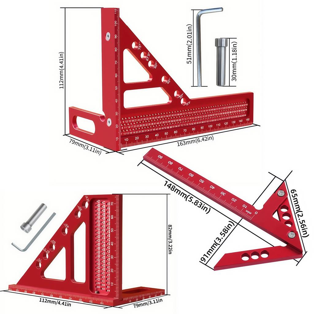 2pcs Metric WoodworkingTriangle Ruler & Square Center Scriber, 3D Multi-Angle Measuring Layout Ruler with Positioning Dowel Pin