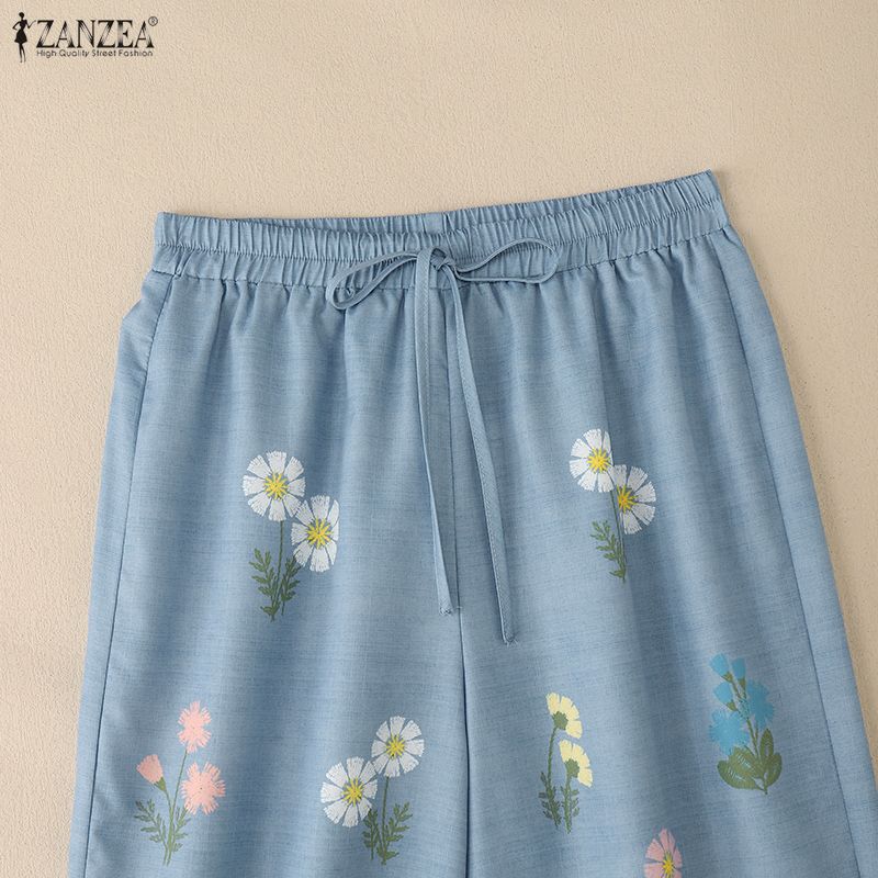 ZANZEA Women Casual Elastic Waist Loose Floral Print Pants