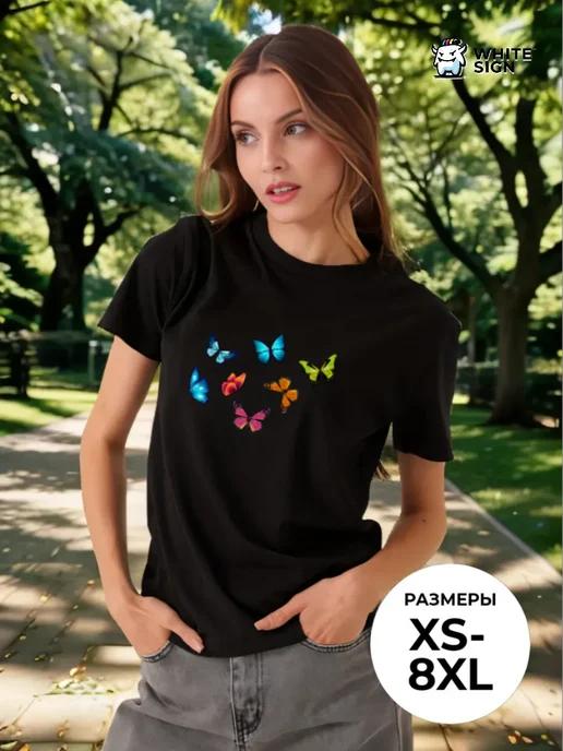 Bright oversized summer T-shirt with  Butterflies  print S