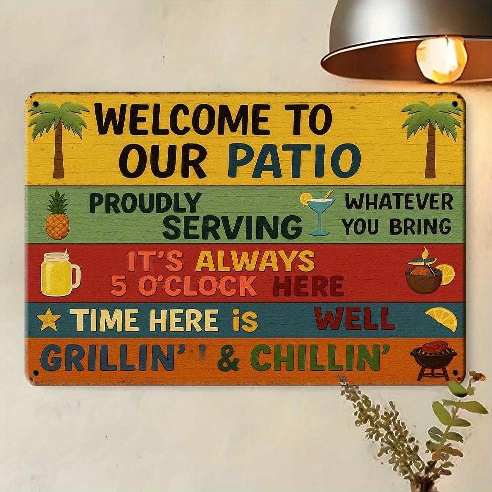 "Welcome To Our Patio" Rustic Metal Sign, Vintage-style Decor.