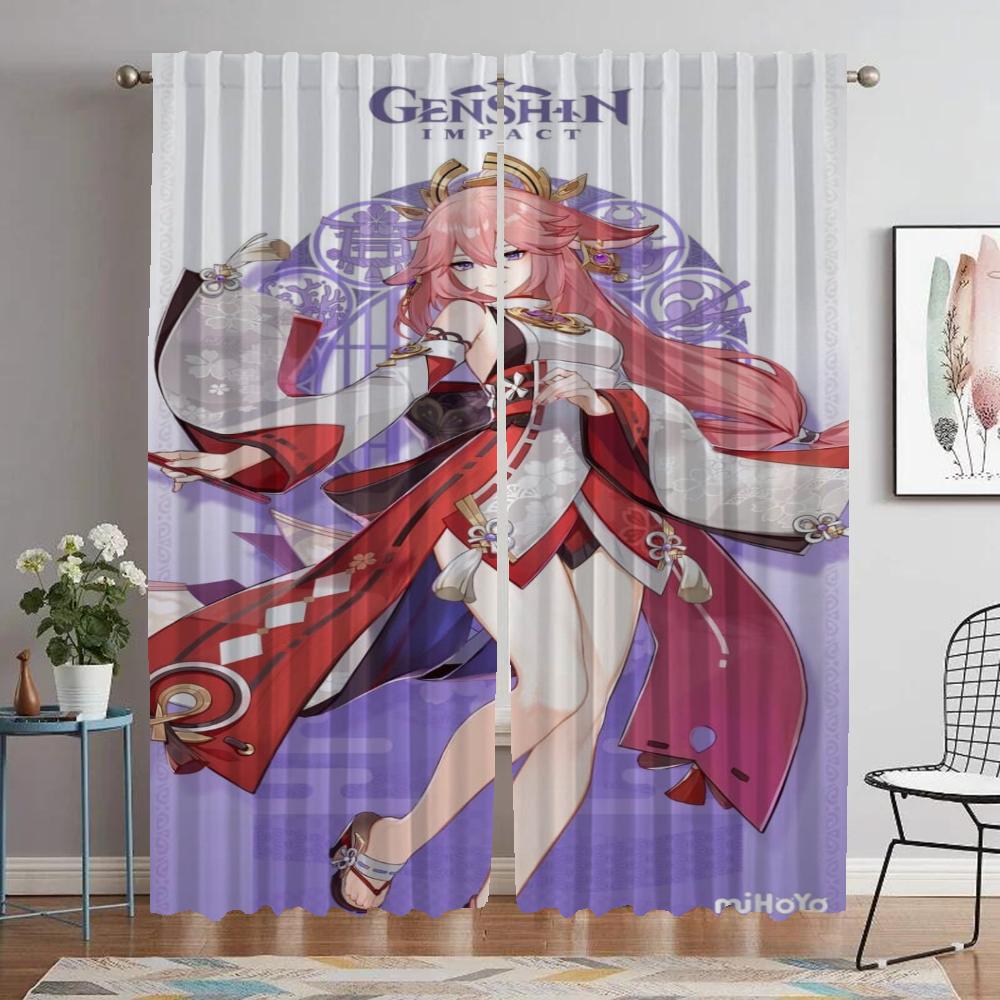 Blackout Curtains for Living Room Curtain Genshin Impact Tulle for Bedroom Halloween Decoration Partition Curtains 2 Pieces Home