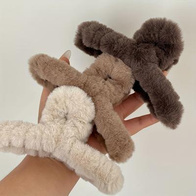 Yeni Suni Kürk Saç Tokası Büyük Boy 13cm Düz Renk Çapraz Geometrik Yumuşak Tüylü Peluş Saç Klipsi Köpekbalığı Klipsleri Kadın Saç Aksesuarları