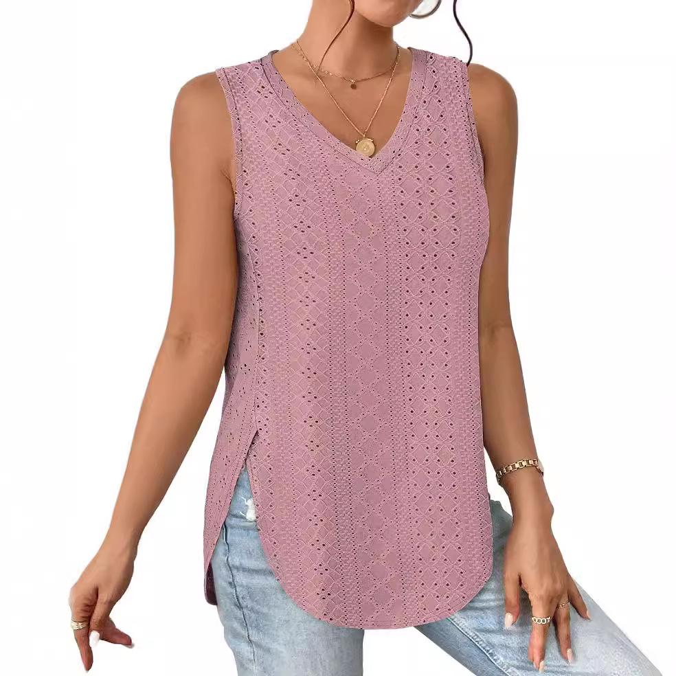 2025 Damen Sommer Top V-Ausschnitt Weste Ärmellos Lochstickerei Jacquard Top Lässige Weste Seitenschlitz T-Shirts Für Damen Stricktop