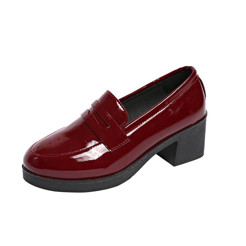 

Женские осенние туфли на высоком каблуке большого размера, туфли на толстом каблуке с острым носком в стиле колледжа, маленькие кожаные туфли. 42 красный