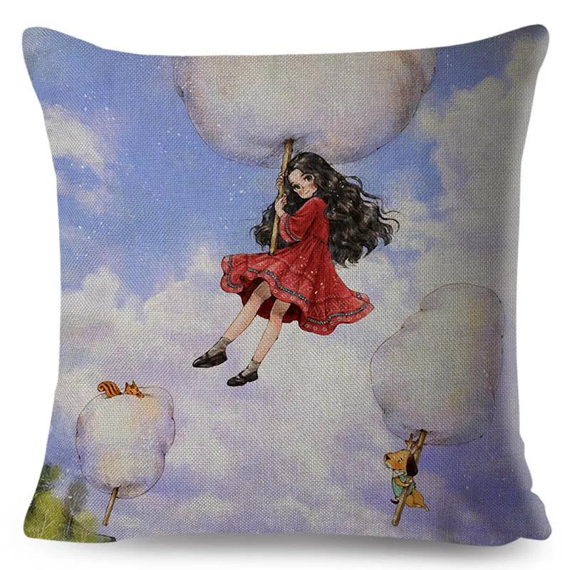 Colorful Cute Cartoon Girl and Pet Dog Fairy Tale World Pillowcase Decor for Sofa Home Pillow Case Polyester Cushion Cover