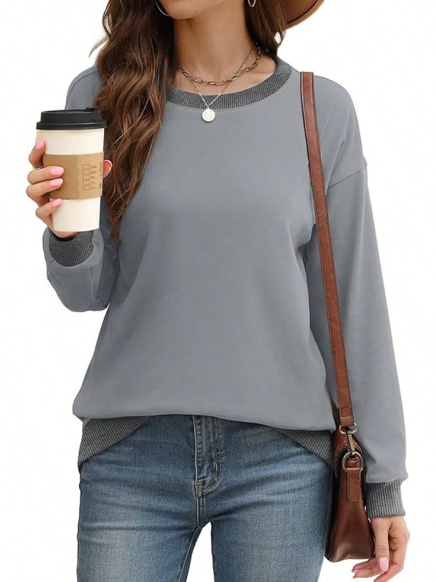 

Осенний женский однотонный вязаный пуловер с длинным рукавом и круглым вырезом Medium серый