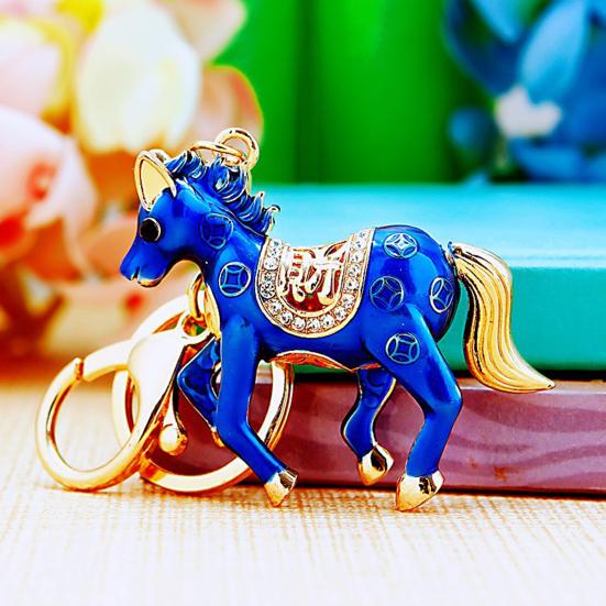 Keychain Pendant Double-Sided Rhinestone Chinese Zodiac Fortune-Attracting Horse Key Chain Metal Handbag Charm