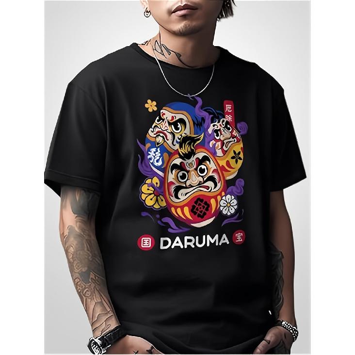 Men s Japanese Daruma Charm T-Shirt - 180g Heavyweight Cotton Tee with Bold DARUMA Graphic Print, Japanese Daruma Good Luck Token Design, Relaxed Fit S чёрный