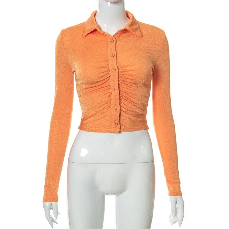 

Укороченный топ с длинными рукавами 2022, тонкие женские блестящие рубашки со рюшами, женская сексуальная модная одежда, блестящая рубашка на пуговицах с воротником S оранжевый