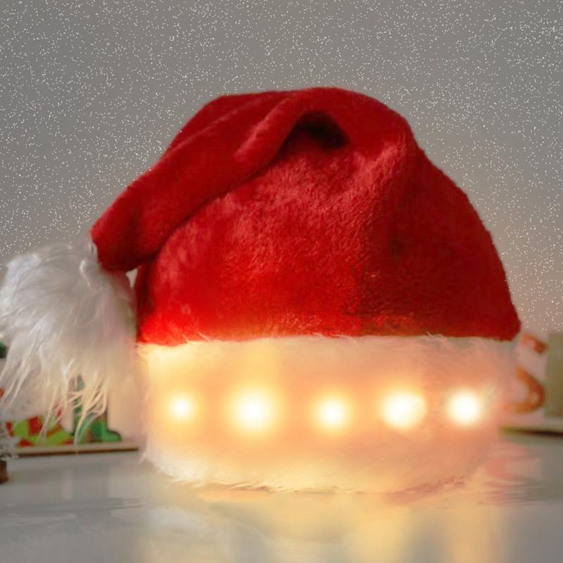 LED Christmas Hat, Light Up Christmas Hat Unisex Plush Beanie Holiday Hat with White Brim Christmas Party Props