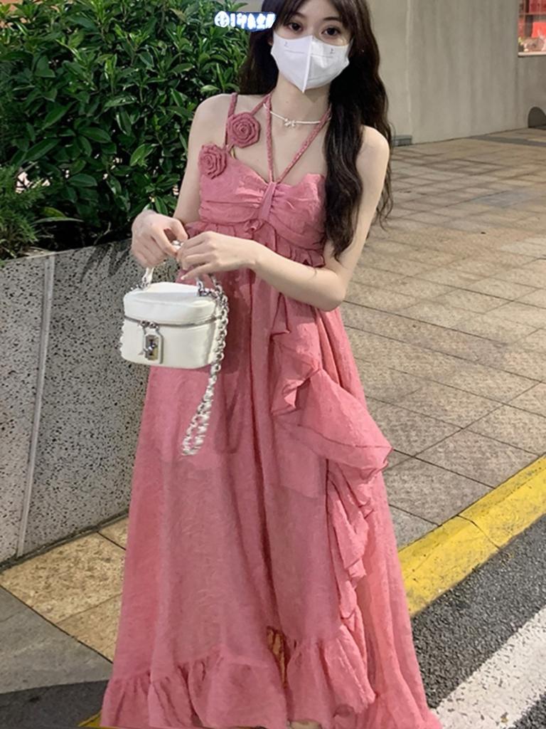 Backless Irregular Summer Dress Women Elegant Pink Elegant Strap Flower Slim Ladies Jacquard A Line Holiday Dresses