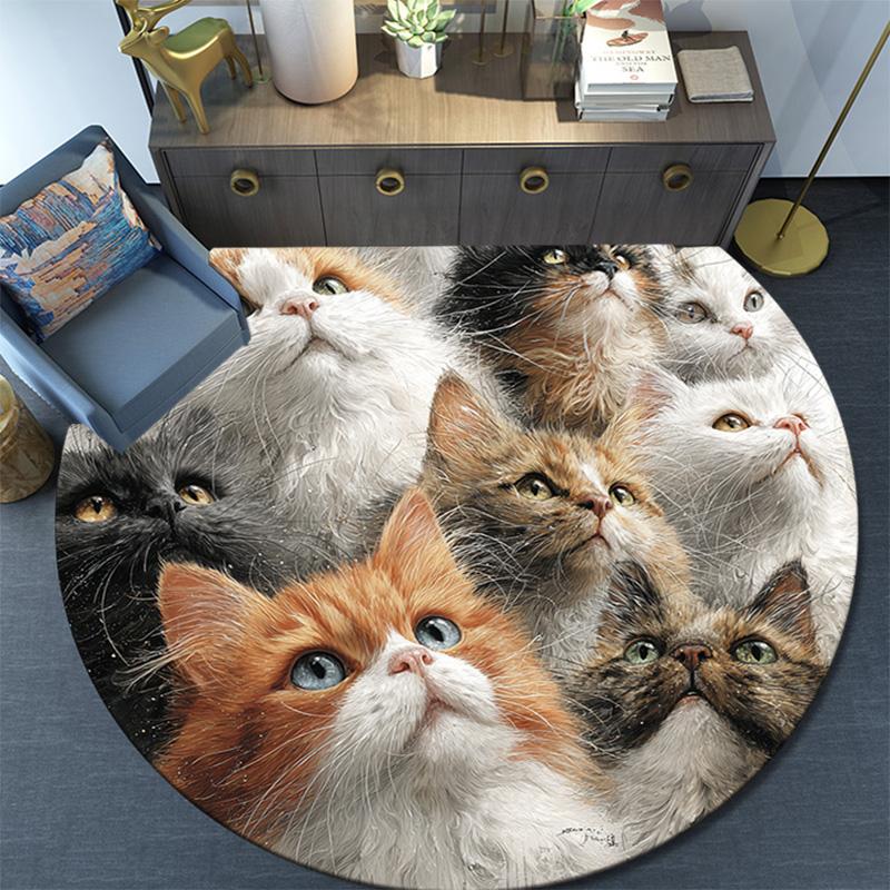 Curious Cat Round Area Rug,Carpet Rug for Living Room Bedroom Sofa Playroom Decor,Non-slip Floor Mat