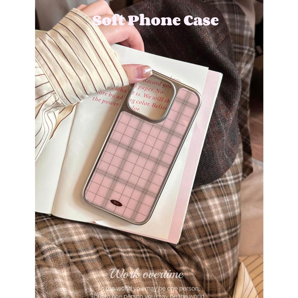 Sweet pink plaid apple 17promax mobile phone case gentle temperament ins wind Korean silver edge 16pro plaid