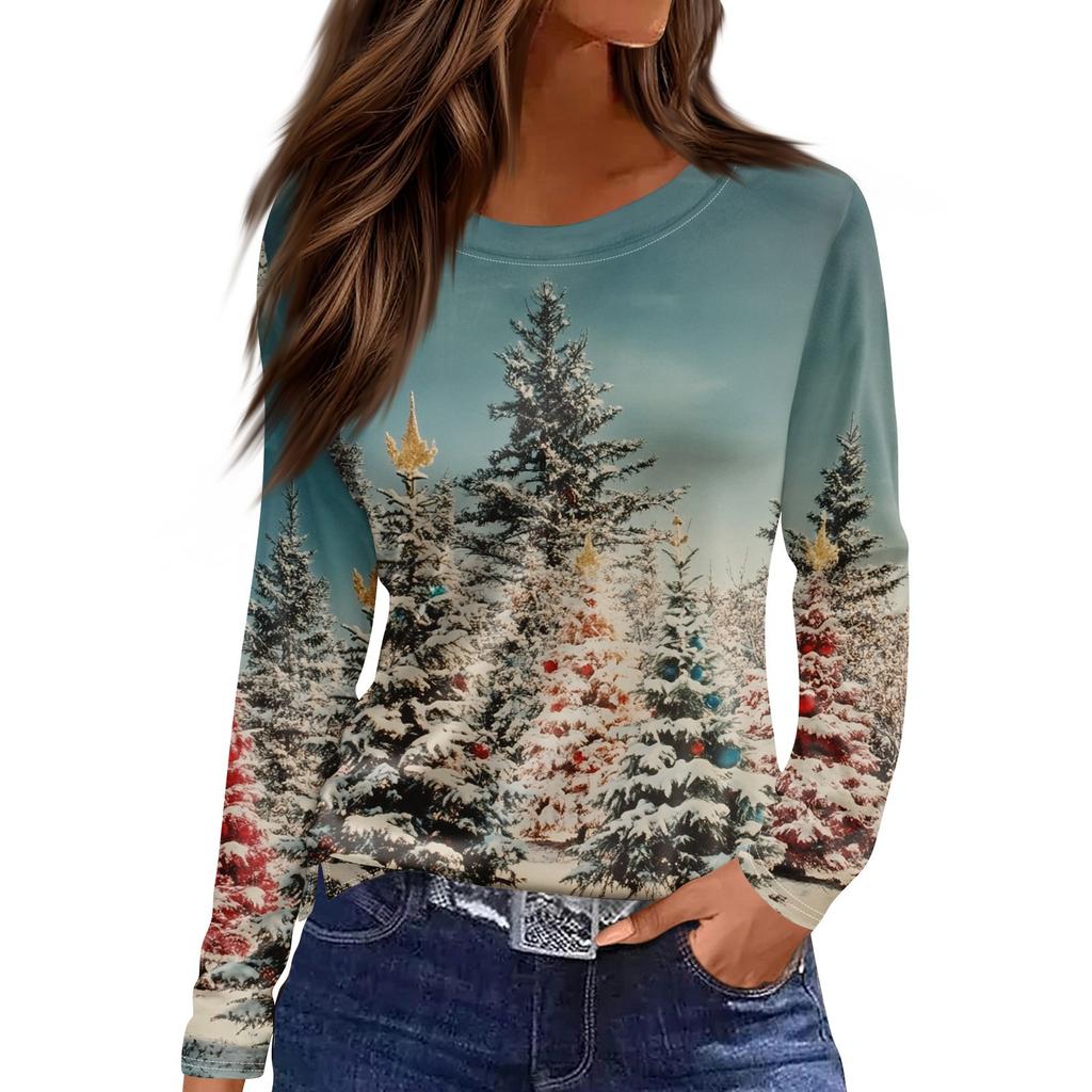 Damenmode, lässig, Schlitzsaum, Rundhalsausschnitt, langärmelig, lockeres T-Shirt mit Weihnachtsdruck