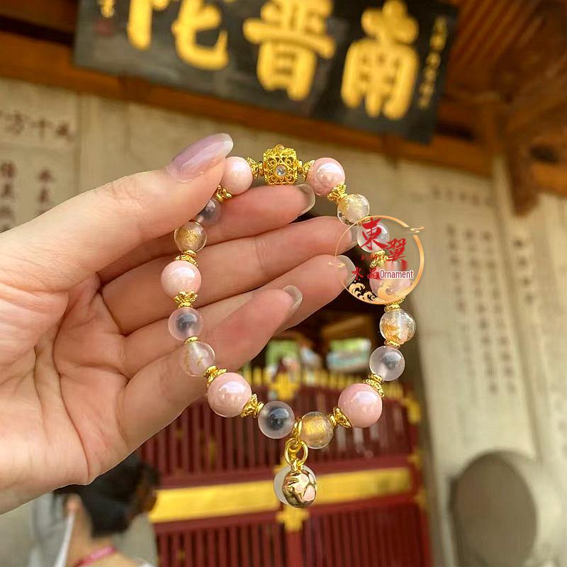 Nanputuo Pink Agate & Gold Leaf Heart Bracelet with Ash Glaze Ceramic Beads