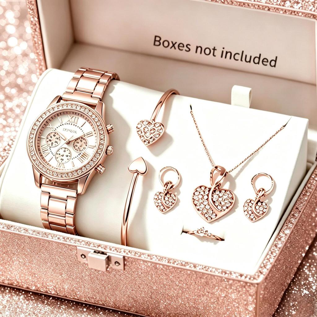 Light Luxury Niche Roman Steel Belt Full Diamond Set Bracelet Necklace Love Jewelry Set Quartz Watch