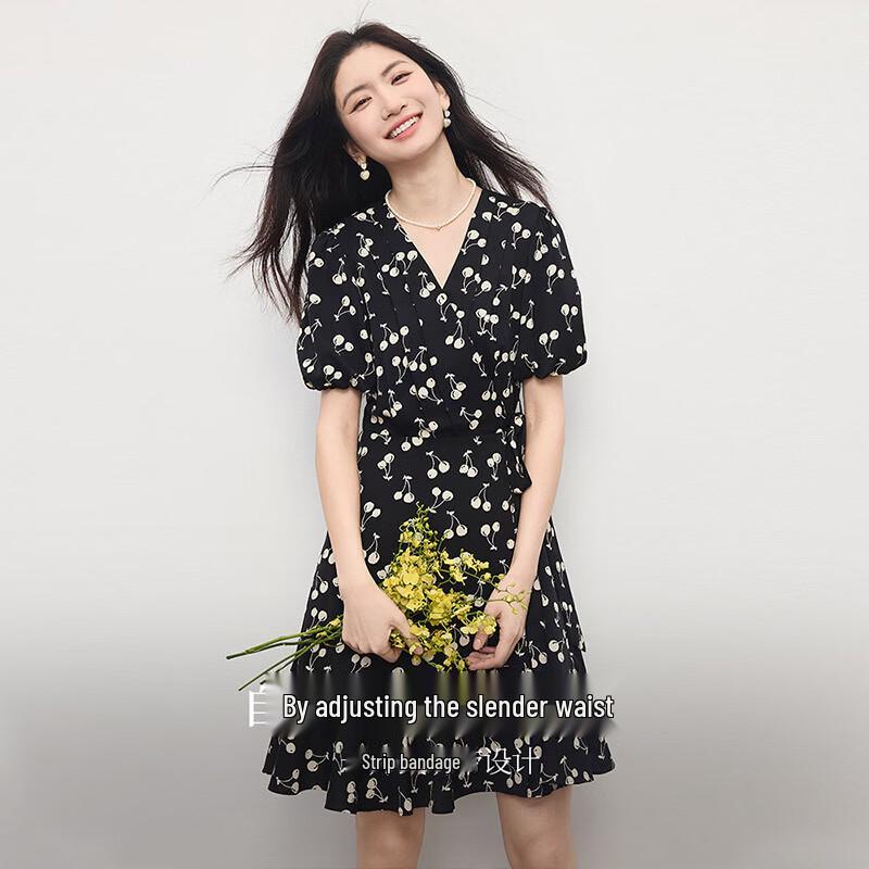SLLSKY Retro Floral V-Neck Wrap Dress