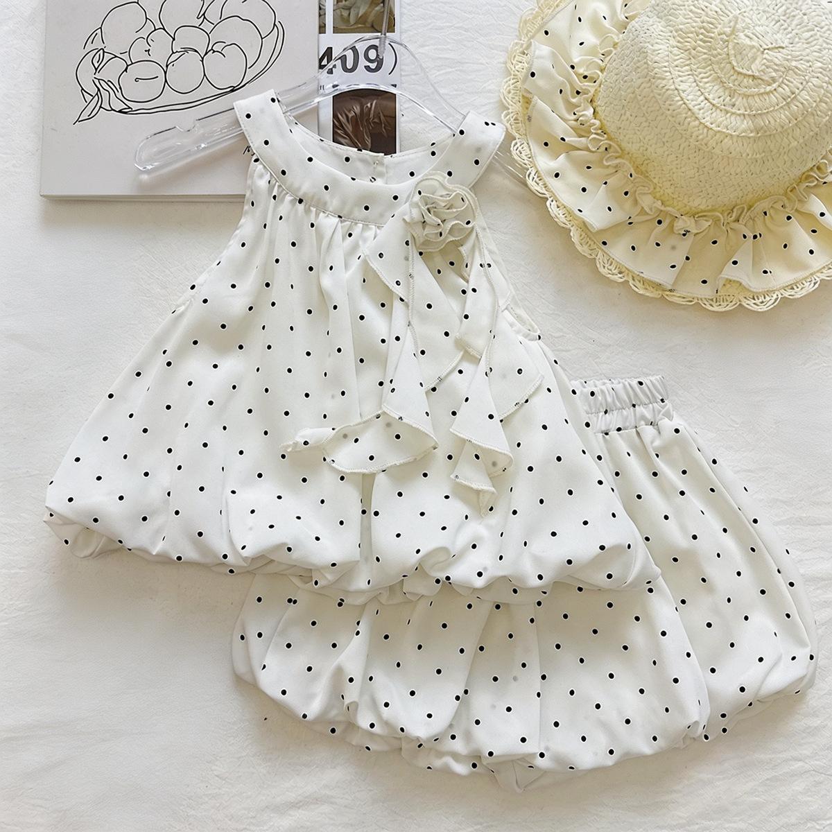Girls Summer Beige Polka Dot Halter Bubble Sleeveless Top And Shorts Set Trendy Two Piece Outfit For Kids 90cm