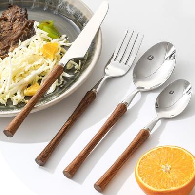 Ensemble de Couverts en Acier Inoxydable Couteau à Steak Fourchette Cuillère Cuillère à Thé Manche en Bois Set de Couverts Vaisselle Occidentale Accessoires de Cuisine