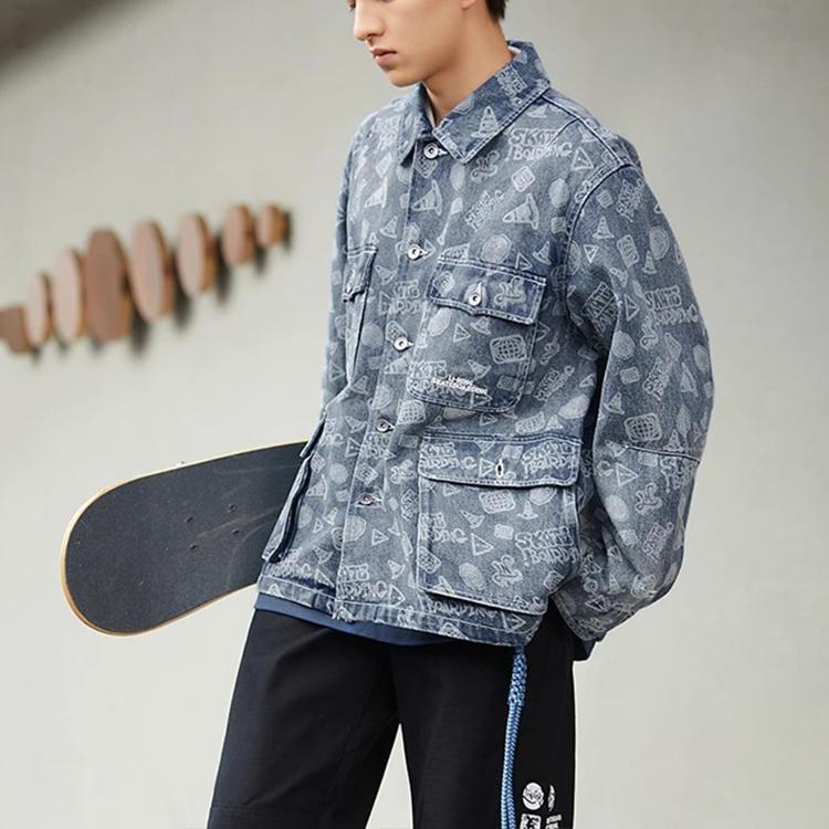 Li-Ning Skateboard Series Full Print Loose-Fit Washed Denim Jacket Men Outerwear Light-Blue AJDS047-1