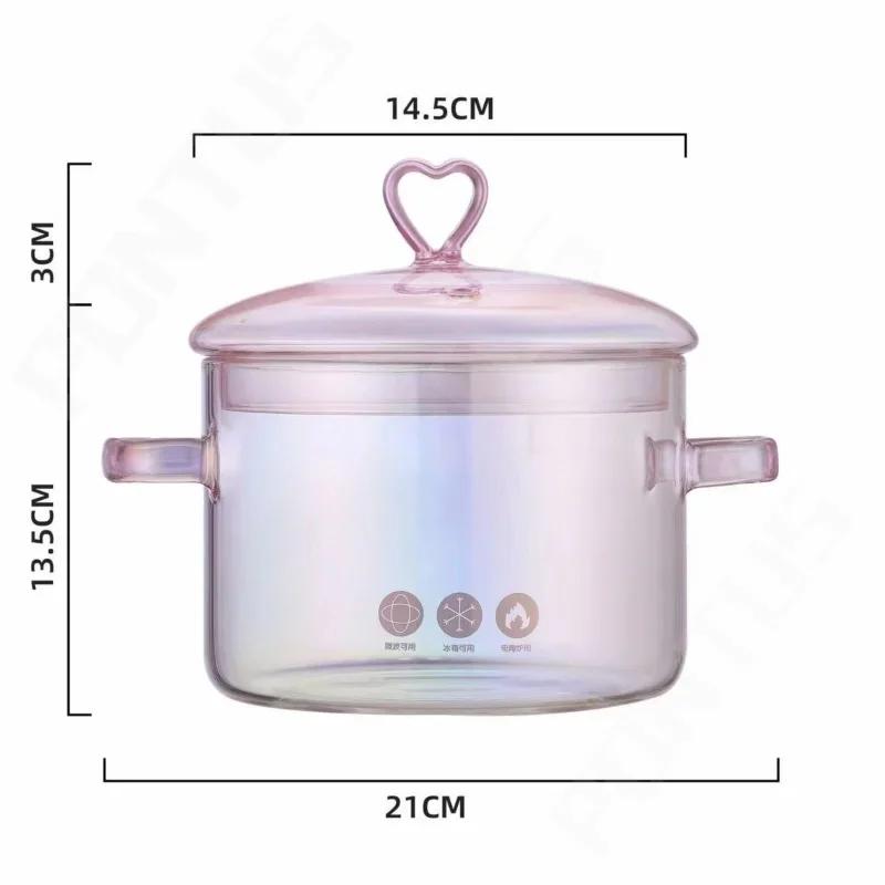 1500ml Pink Glass Binaural Pot Transparent Borosilicate Heat-resistant Soup Stock Pots Noodle Soup Bowl Kitchen Cooking Cookware