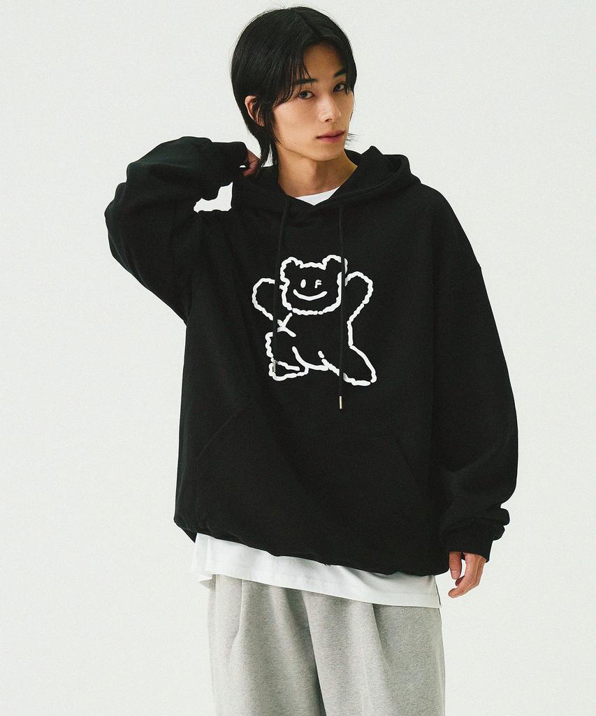 [Unisex] Big Line Bear Smile Hoodie_Black