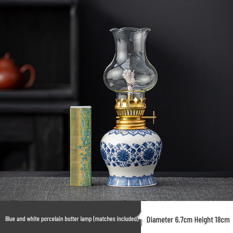 Hand-Painted Floral Retro Kerosene and Ceramic Butter Lamp - New Chinese Style Night Light for Bedroom and Study