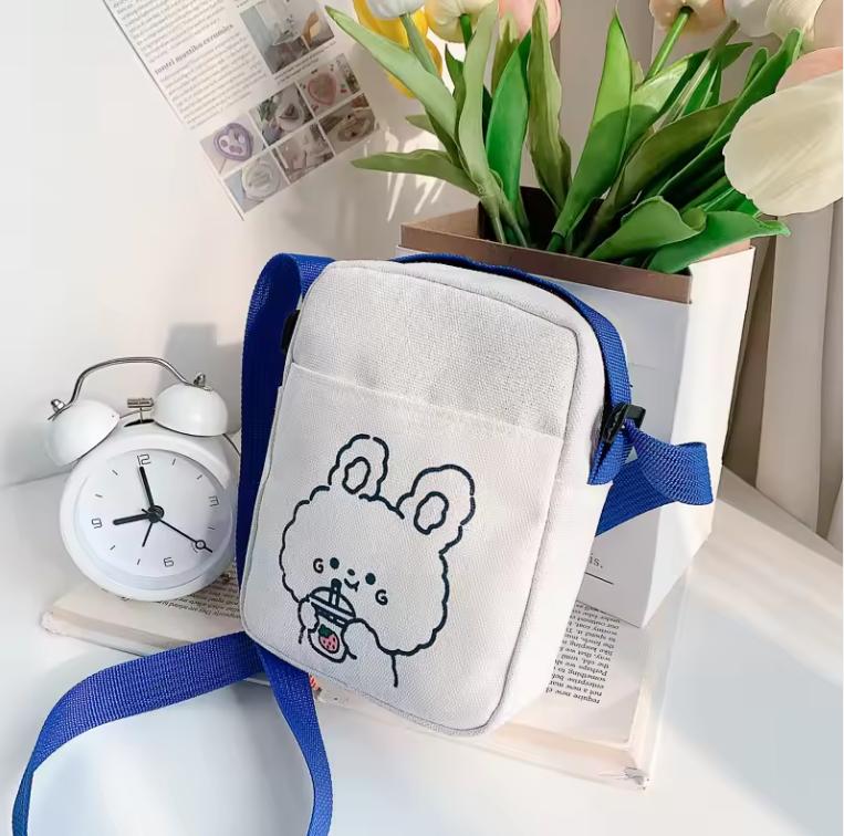 Cute Bear Rabbit Print Crossbody Bags For Women Girls Mini Canvas Square Purse Trendy Cartoon Handbags Shoulder Phone Bag Bolsos