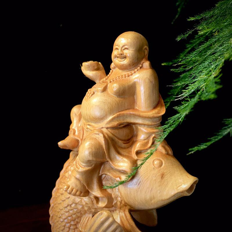 Wooden Carp Maitreya Buddha Decorative Statue ,Creative Solid Wood Art Hand Carving Home Room, Office Fortune Gathering Statue