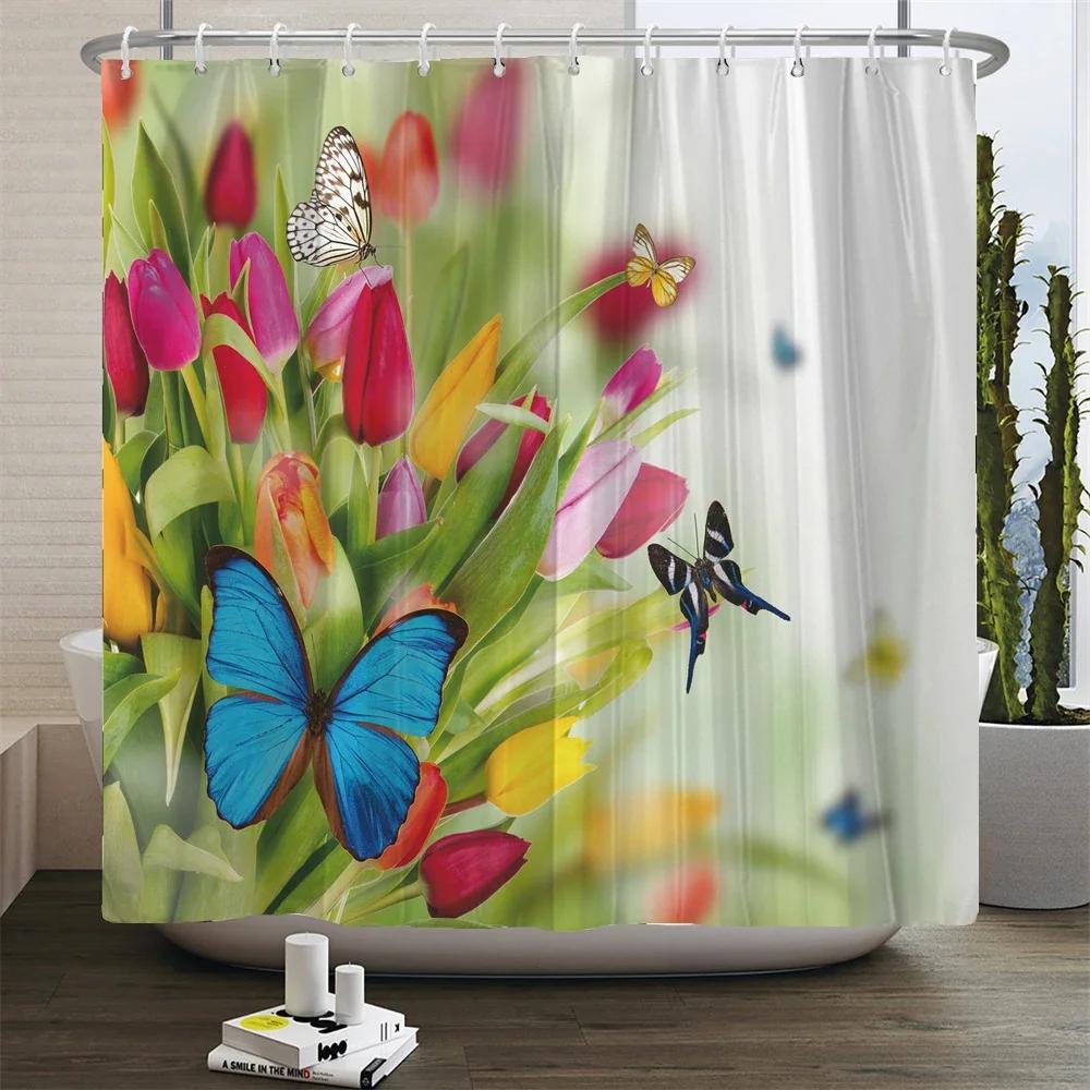 Floral Tulip Printing Flower Shower Curtain Waterproof Polyester Fabric Bathroom Curtain With Hooks 180x180cm Decorative Curtain